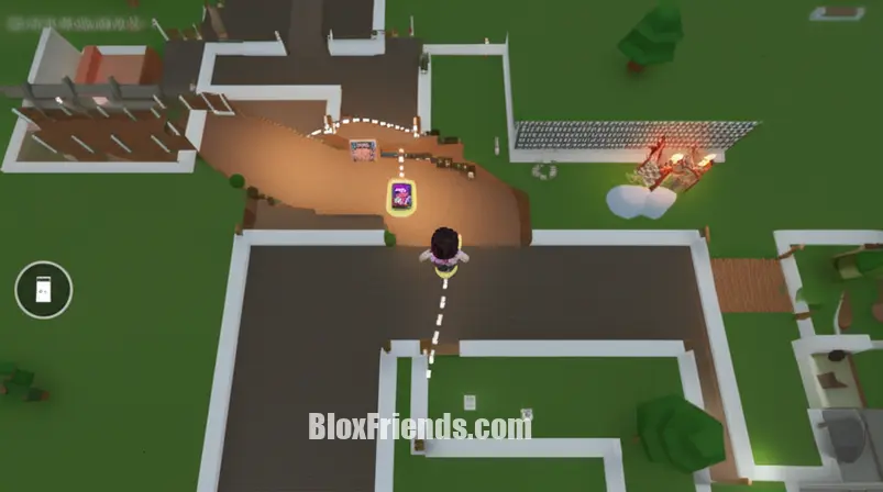Visão aérea de um mapa Roblox com setas indicando o caminho para um Brainrot escondido em uma área de difícil acesso.