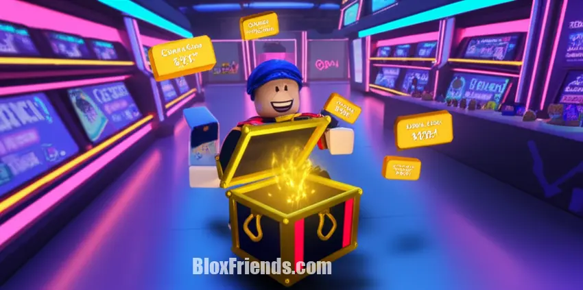 Personagem Roblox animado abrindo um presente, com códigos de jogos flutuando dentro de uma loja de games futurista do Game Store Tycoon.