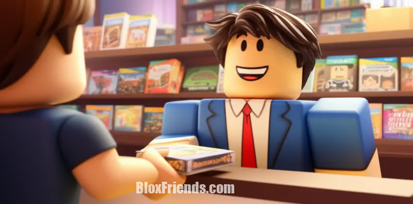 Avatar do Roblox em Game Store Tycoon atendendo um cliente com sucesso, mostrando uma transação positiva e uma loja organizada.