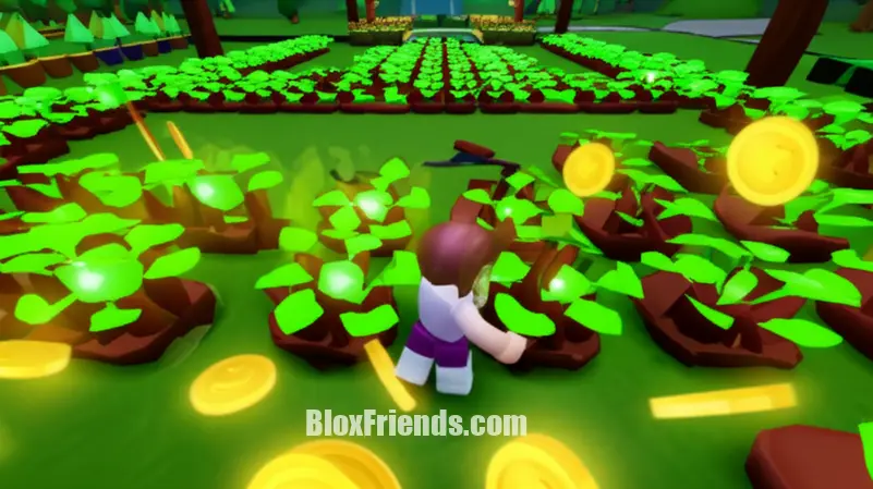 Imagem do meio do blog com personagem Roblox colhendo rapidamente plantas brilhantes em Garden Tycoon, com moedas voando e elementos de aceleração.
