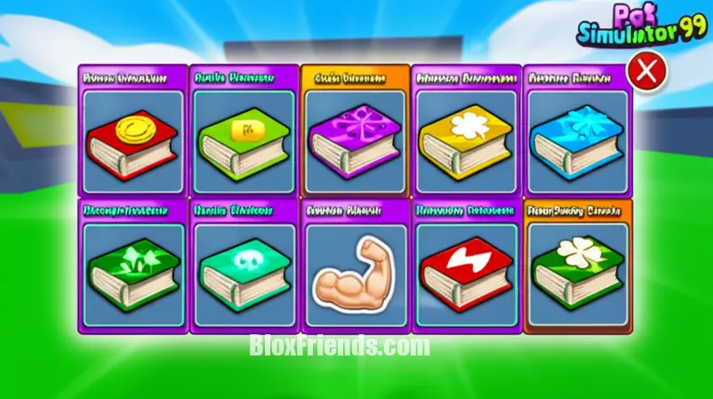 Imagem de livros de encantamento no inventário de Pet Simulator 99, destacando Treasure Hunter e Coin Hunter.