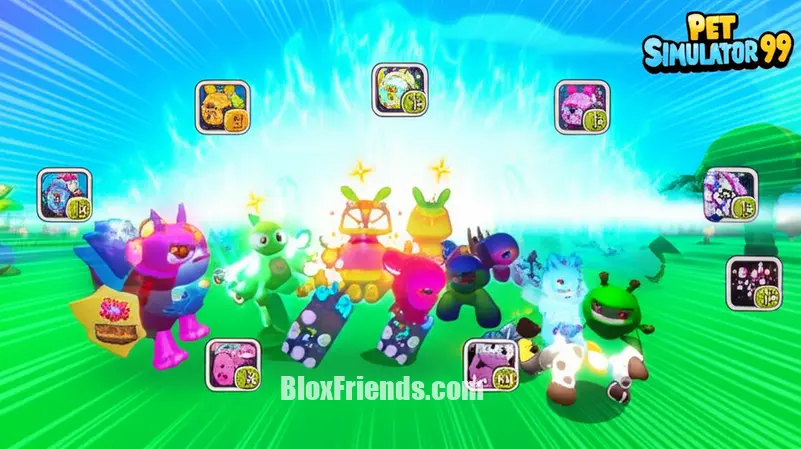 Imagem ilustrativa do processo de fusão de pets em Pet Simulator 99, combinando vários pets para um resultado mais forte.