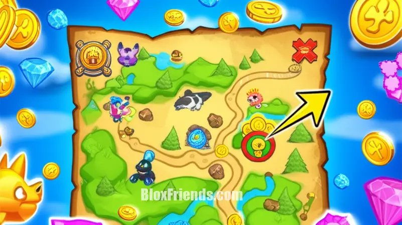 Um mapa ou uma seta indicando um local escondido em Pet Simulator 99, com um baú de tesouro ou um portal secreto.