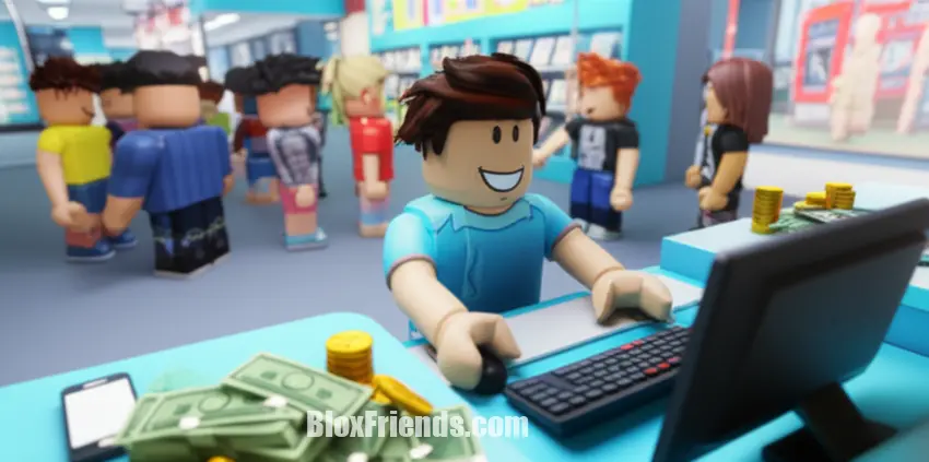 Avatar do Roblox gerenciando um balcão de atendimento em uma loja de celulares movimentada, com clientes e dinheiro virtual.