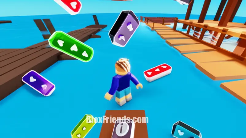 Personagem de Roblox coletando recursos na água em Raft Tycoon.