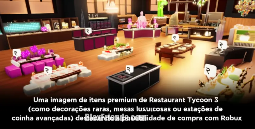 Imagem de itens premium no Restaurant Tycoon 3 disponíveis com Robux, como decorações luxuosas ou equipamentos avançados.