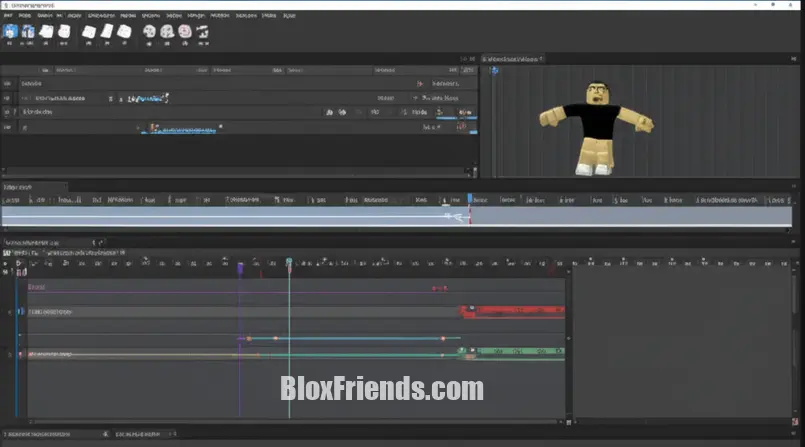 Interface detalhada do Animation Editor do Roblox Studio mostrando um personagem sendo animado com keyframes coloridos na timeline.