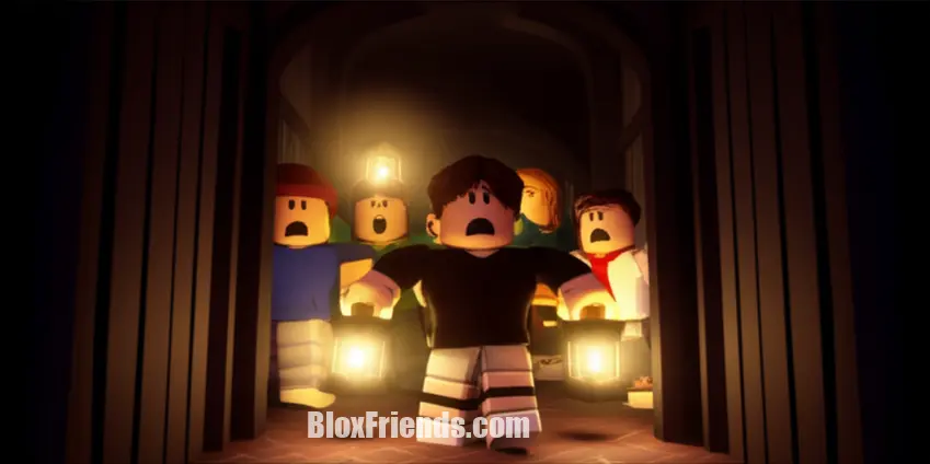 Um grupo de avatares Roblox em um ambiente de jogo de terror, como um corredor escuro com lanternas, transmitindo suspense e medo.