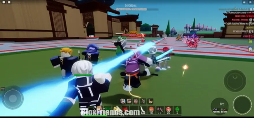 Cena de ação intensa de um jogo de anime popular no Roblox, com múltiplos jogadores e efeitos de combate