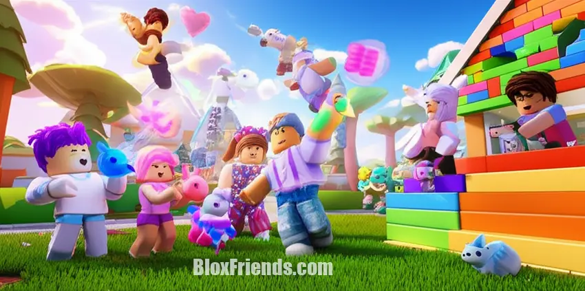 Grupo de avatares Roblox trocando pets no Adopt Me! ou interagindo em Brookhaven RP, simbolizando amizade e colaboração.