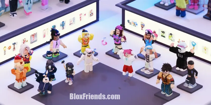 Grupo de avatares Roblox exibindo seus itens UGC únicos em um desfile de moda ou evento de exibição