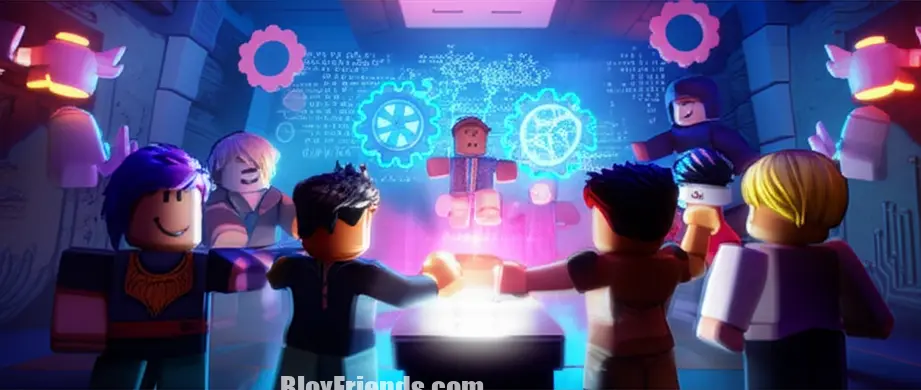 Imagem interna: Jogadores Roblox trabalhando juntos para resolver um quebra-cabeça em um jogo de escape room.