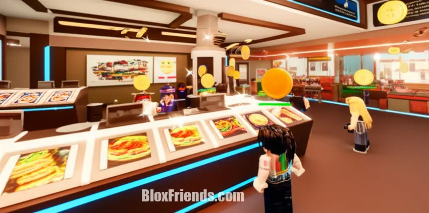 Cena de gameplay de um jogo de simulação de negócios no Roblox, com um avatar de jogador atendendo clientes em um balcão de loja ou restaurante.