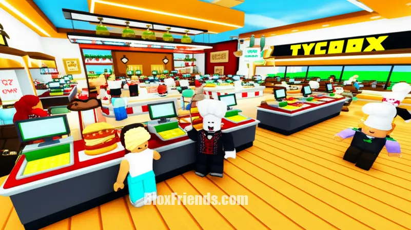 Imagem de um avatar Roblox gerenciando um restaurante ou loja em um jogo de simulação de negócios