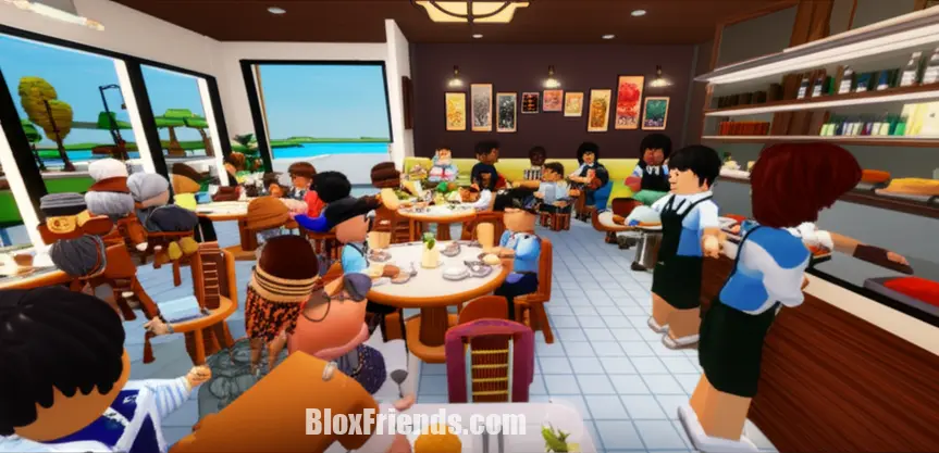 Imagem no meio do post mostrando um restaurante movimentado e bem-sucedido do jogo Restaurant Tycoon 2 no Roblox.