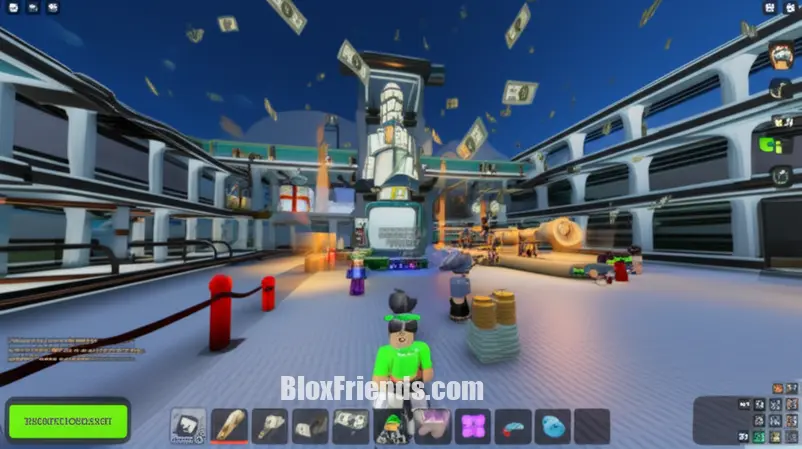 Imagem de gameplay de um jogo Tycoon no Roblox, mostrando uma área de construção e gerenciamento.