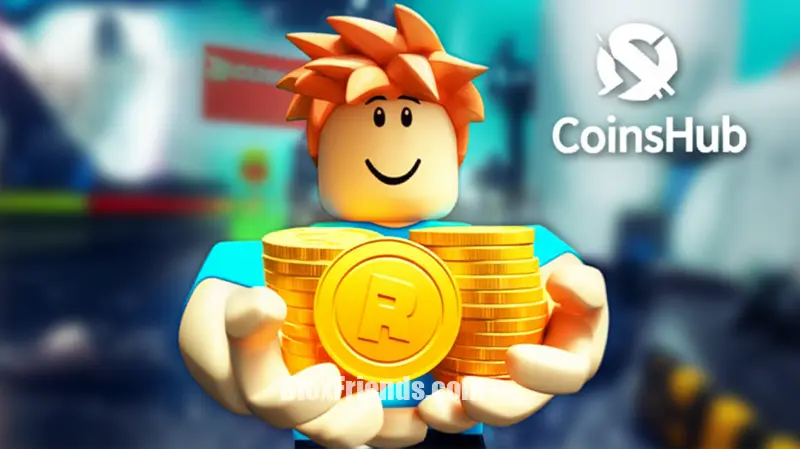 Imagem de um jogador de Roblox com Robux e o logo do CoinsHub, representando as vantagens dos Robux.