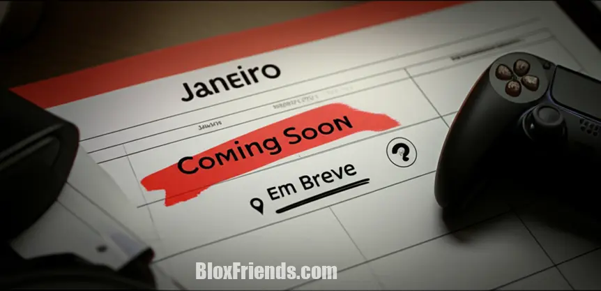 Imagem de um calendário com a data de janeiro riscada e a frase 'Em Breve', simbolizando o adiamento da atualização do The Strongest Battlegrounds.