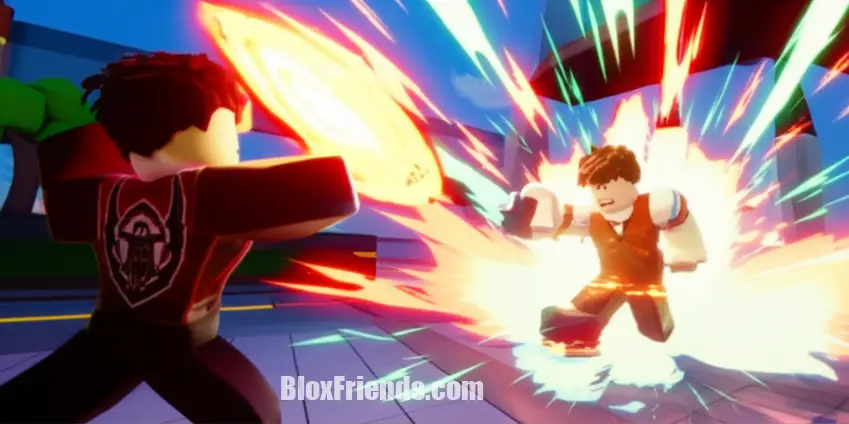Dois personagens de The Strongest Battlegrounds executando um combo de luta no PvP, com explosões e movimentos rápidos, no estilo Roblox.