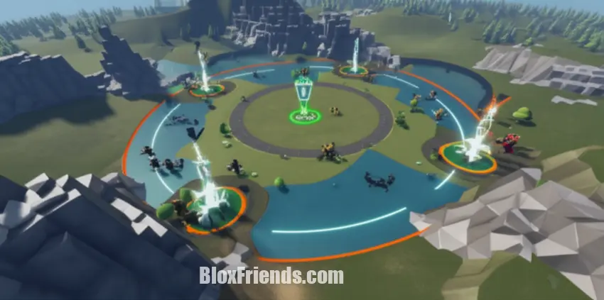 Imagem conceitual de um novo mapa competitivo para The Strongest Battlegrounds, com detalhes futuristas, zonas de combate e jogadores em ação.