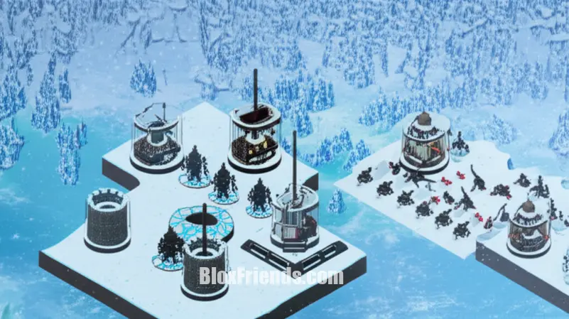 Exemplo de posicionamento estratégico de torres como Commander, DJ Booth e Ranger em um mapa nevado do modo Frost no Tower Defense Simulator, destacando a organização tática das defesas.