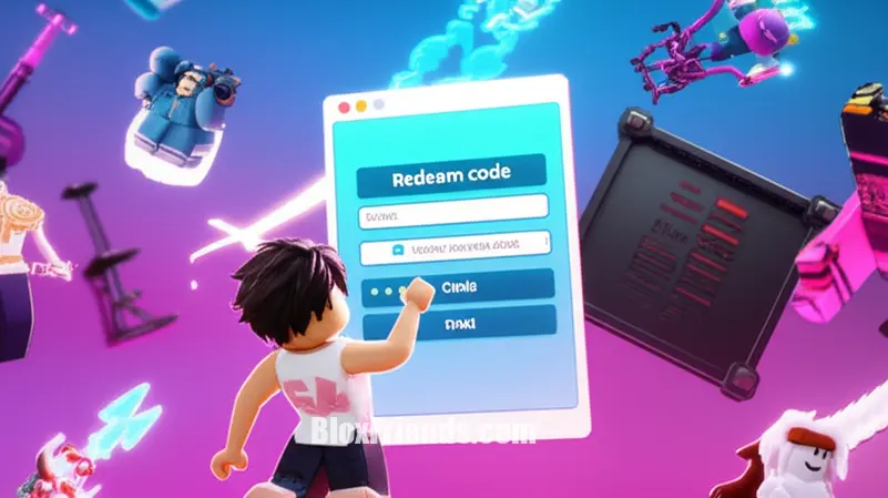 Jogador Roblox usando a interface de resgate de códigos, com itens UGC famosos ao fundo.