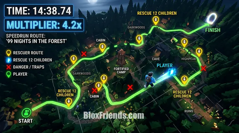 Um mapa detalhado de '99 Nights in the Forest' no Roblox, mostrando uma rota otimizada com pontos marcados para resgate de crianças e um ícone de multiplicador.