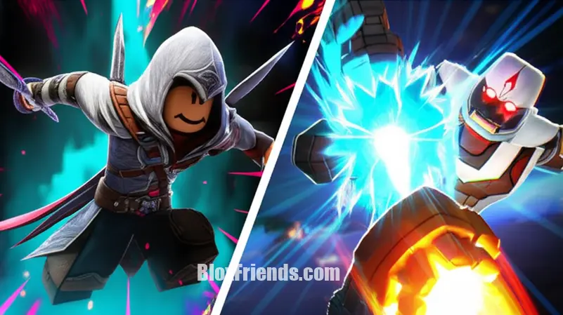 Close-up de Assassin e Cyborg executando habilidades em 99 Nights in the Forest no Roblox