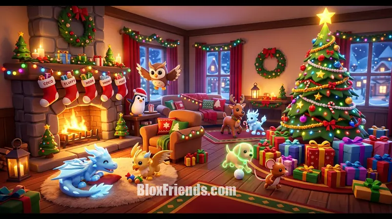 Interior aconchegante de uma casa de Natal em Adopt Me! com lareira, árvore e pets brincando.