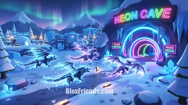 Quatro Arctic Dusk Dragons prontos para se tornarem neon na Neon Cave de Adopt Me!