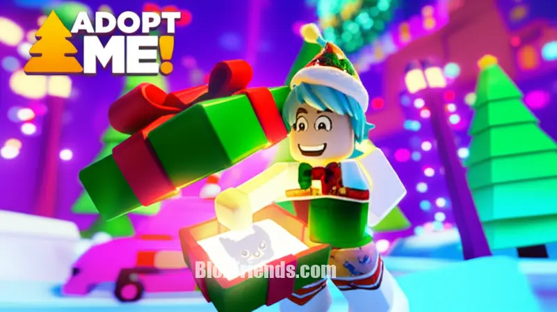 Imagem do meio: Avatar Roblox abrindo um presente de Natal em Adopt Me! com o foco na surpresa de um pet.