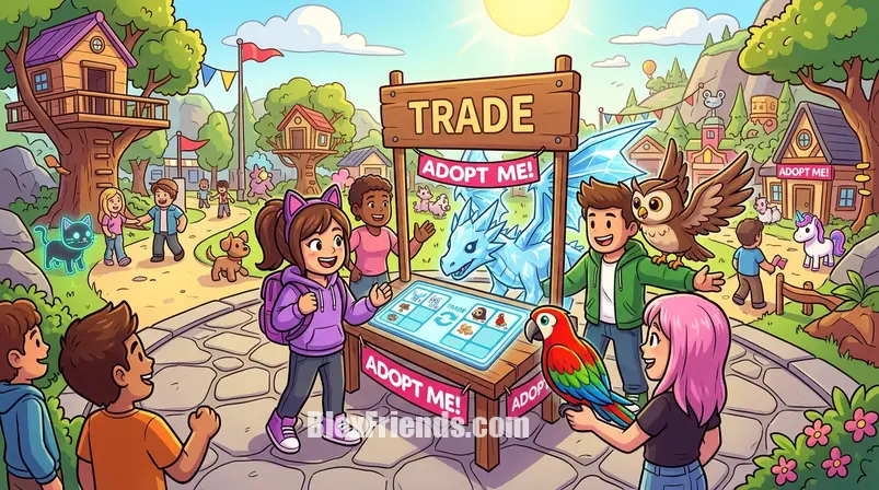 Cena de troca em Adopt Me! com Frost Dragon, Owl e Parrot, mostrando a interação de jogadores.