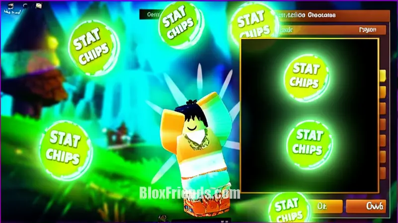 Imagem de um avatar Roblox usando um reroll em Anime Vanguards, com Stat Chips flutuando e elementos de interface do jogo.