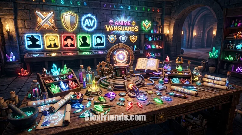 Uma imagem de inventário de jogo mostrando vários materiais de evolução como cristais, pergaminhos e fragmentos com o logotipo do Anime Vanguards