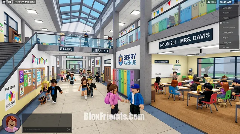 Imagem interna da nova escola de 2 andares em Berry Avenue RP, mostrando uma sala de aula ou corredor com personagens Roblox interagindo.