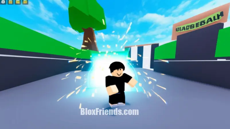 Cena de Rebirth em Blade Ball, personagem em aura luminosa, com elementos de interface de atualização.