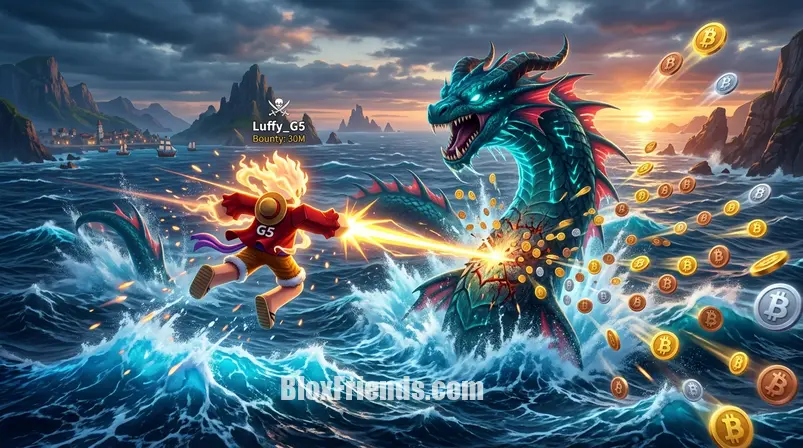 Personagem de Blox Fruits lutando contra uma Besta Marinha no oceano, com moedas Beli voando