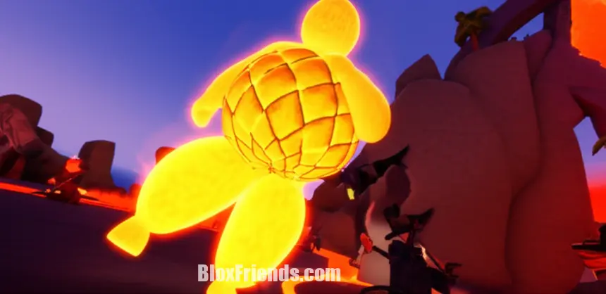 Jogador de Blox Fruits em ação, usando uma fruta lendária ou mítica em combate, em uma ilha do jogo.