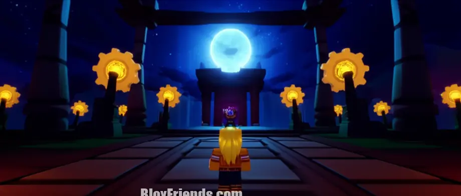 Personagem de Blox Fruits diante do Ancient One/God of Dimension em um templo misterioso, com engrenagens brilhantes sob a lua cheia.