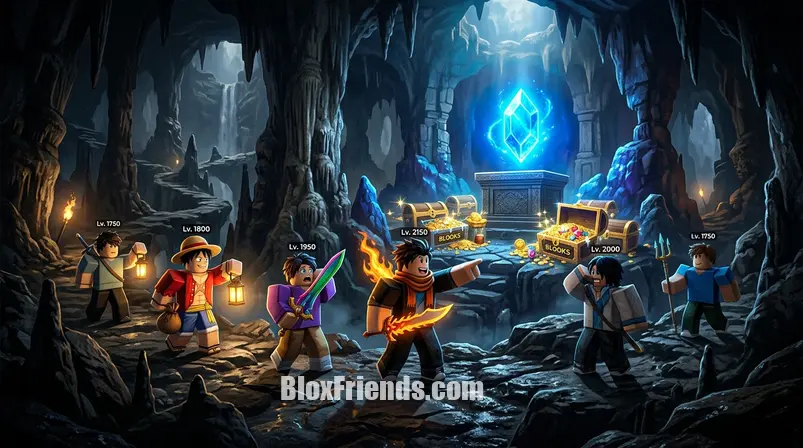 Jogadores de Blox Fruits explorando uma caverna secreta, com baús de tesouro e uma gema brilhante no centro.