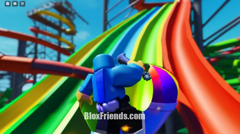 Imagem contextual de um personagem Roblox construindo um toboágua no jogo, com foco nos detalhes da construção e criatividade.