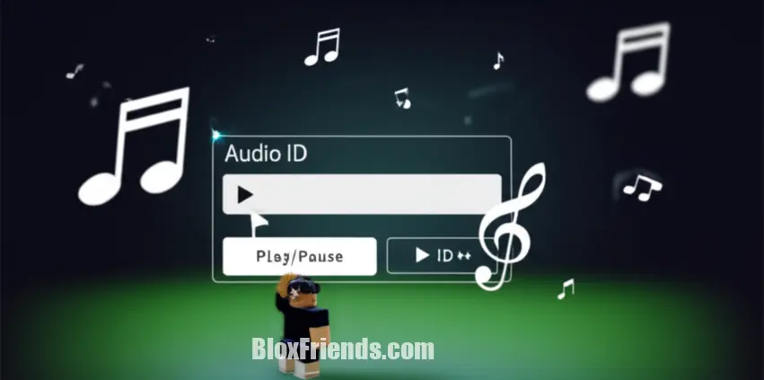 Interface do Boombox no Roblox com campo para 'Audio ID' e notas musicais flutuando, representando a inserção de músicas.