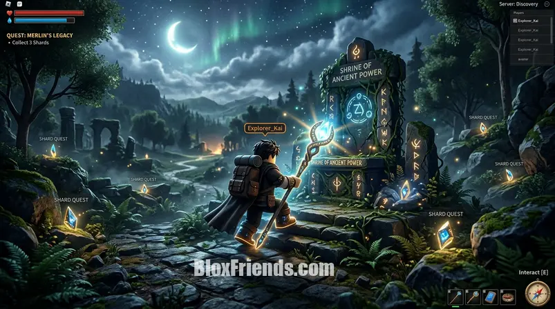 Imagem contextual do artigo, detalhando um jogador de Roblox interagindo com o item 'Merlin's Staff Rod' em um ambiente de jogo, com fragmentos brilhantes da 'Shard Quest' visíveis ao redor, ilustrando a progressão da missão em Fish It! / Fisch.