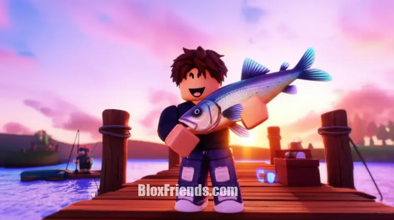 Personagem Roblox segurando um peixe gigante e brilhante em um píer, com um local de pesca sereno ao fundo.