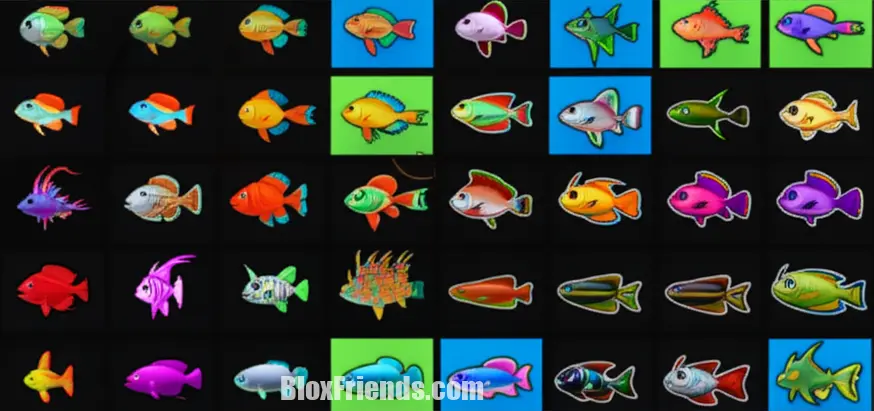 Uma coleção colorida de peixes de MeepCity, mostrando diferentes raridades em uma interface de jogo.