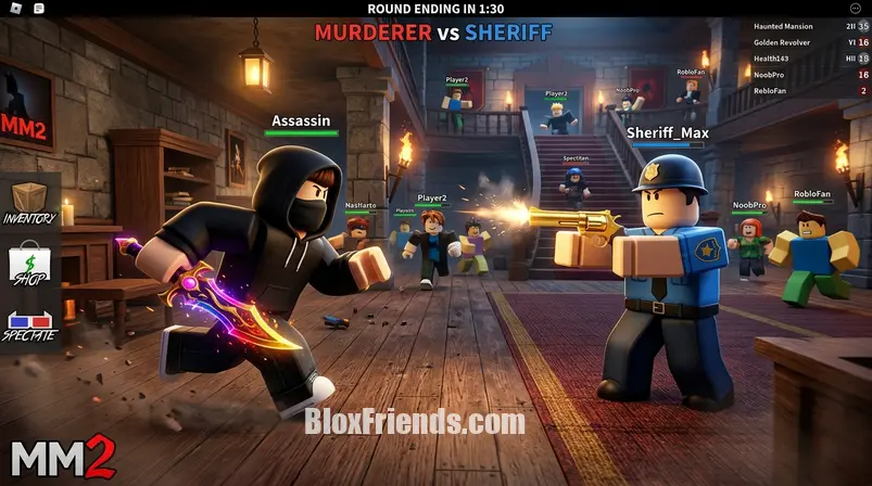 Imagem do meio com confronto entre Assassino e Xerife em um mapa vibrante de Murder Mystery 2, com facas e armas