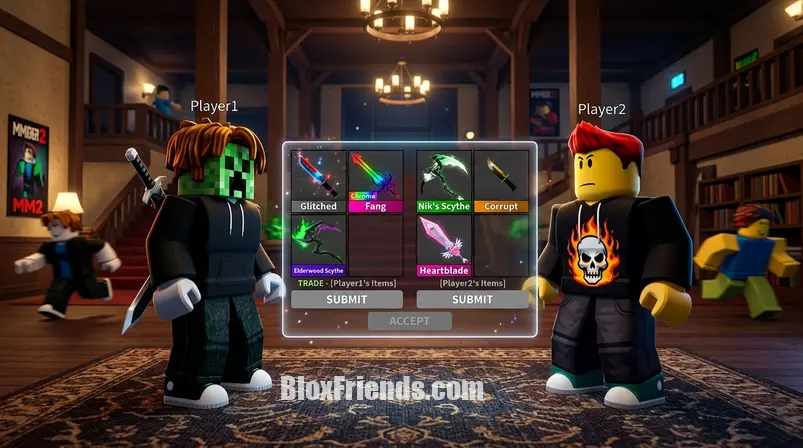 Avatares de Roblox trocando itens valiosos em Murder Mystery 2, ilustrando o processo de troca segura no jogo.