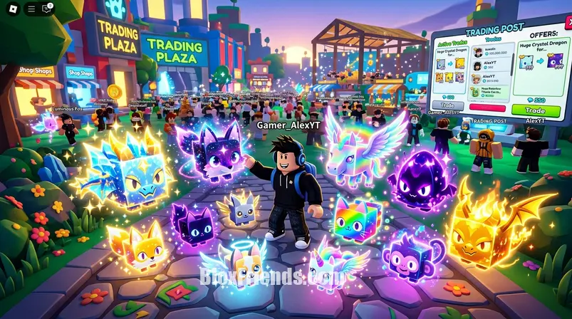 Imagem no meio do artigo com um avatar Roblox e pets exclusivos de Pet Simulator 99 em um ambiente de jogo vibrante, com elementos de troca.