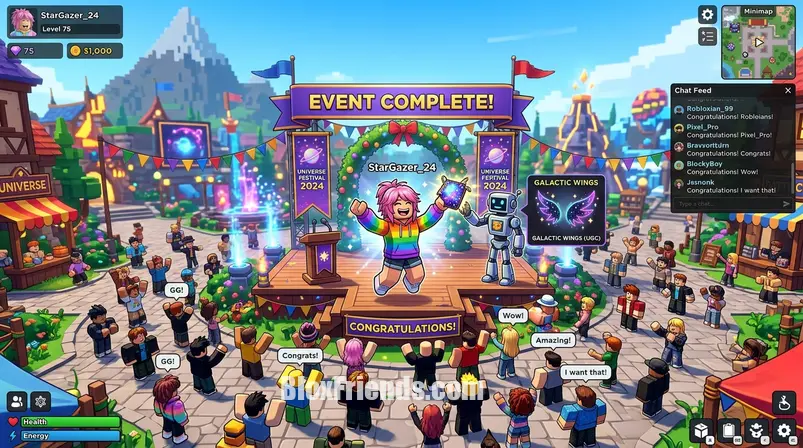 Cena de jogo Roblox onde um avatar recebe um item UGC raro durante um evento especial, com outros jogadores ao fundo celebrando a conquista de itens.