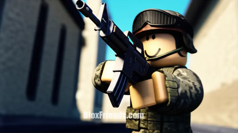 Personagem Roblox em uniforme militar segurando um rifle de assalto, mirando em uma área de combate urbana.